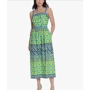 Donna Morgan Poplin Midi Dress Women's 10 Green Blue Abstract Arty Geometric